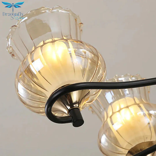 Sputnik Living Room Ceiling Chandelier Classic Tan Textured Glass 3/6/8 Lights Black Hanging Fixture