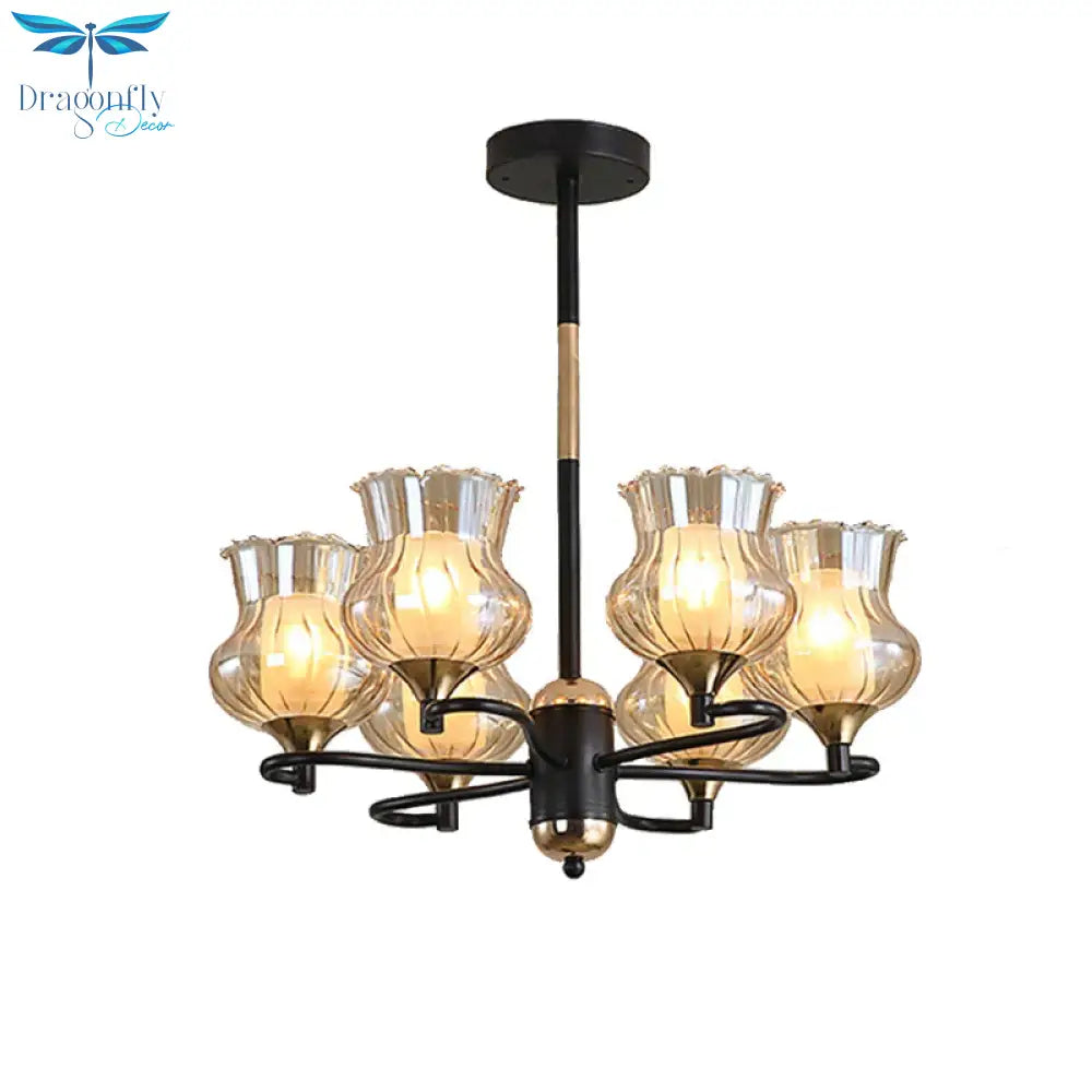 Sputnik Living Room Ceiling Chandelier Classic Tan Textured Glass 3/6/8 Lights Black Hanging Fixture