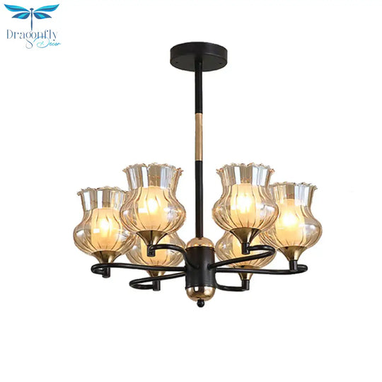 Sputnik Living Room Ceiling Chandelier Classic Tan Textured Glass 3/6/8 Lights Black Hanging Fixture