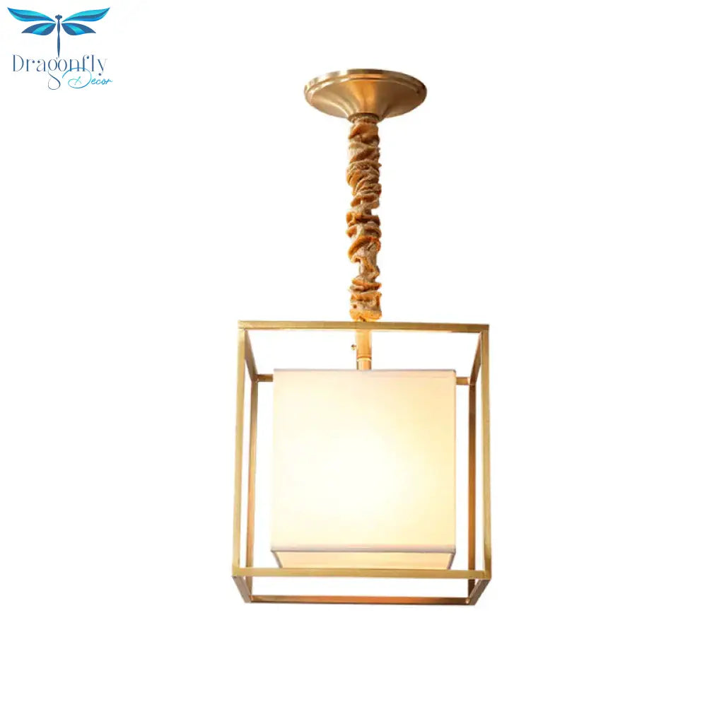 Square Fabric Chandelier Light Traditional 2/3/4 Lights Dining Room Ceiling Fixture With Gold Cubic