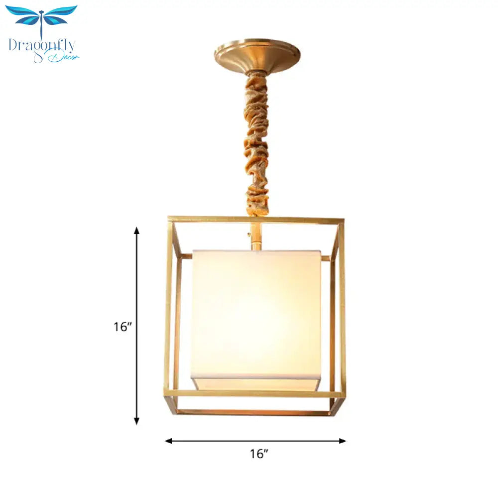 Square Fabric Chandelier Light Traditional 2/3/4 Lights Dining Room Ceiling Fixture With Gold Cubic