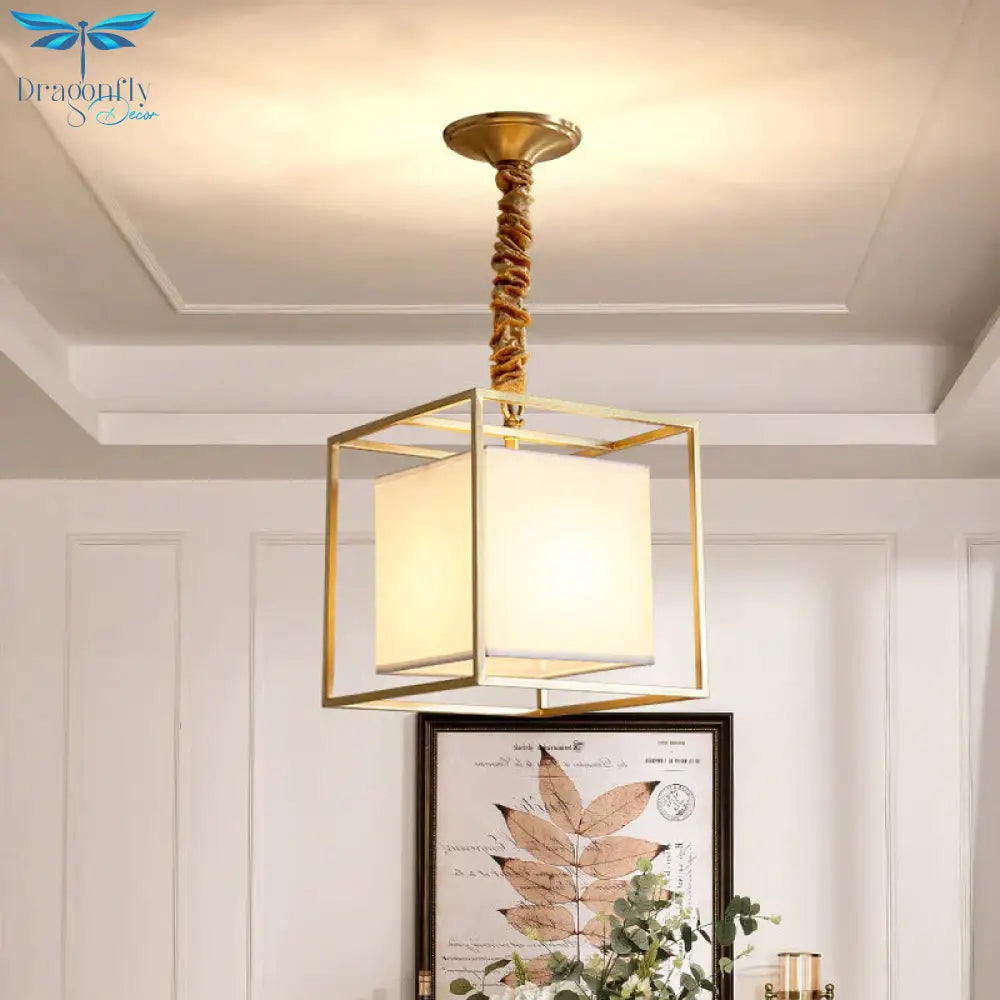 Square Fabric Chandelier Light Traditional 2/3/4 Lights Dining Room Ceiling Fixture With Gold Cubic