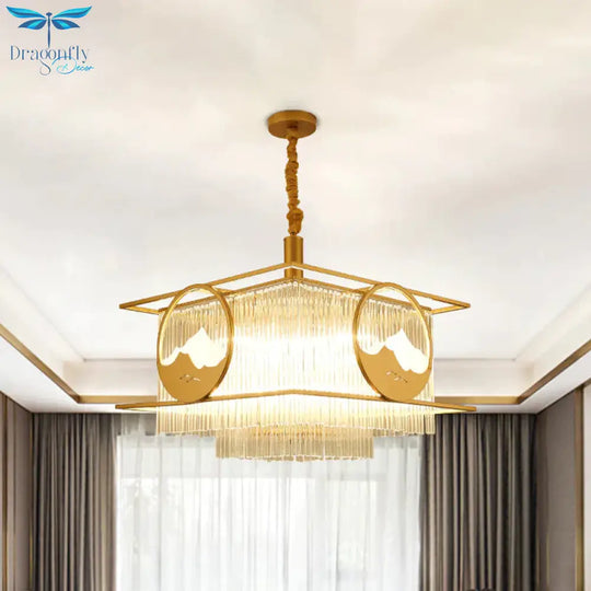 Square/Round Crystal Rods Drop Lamp Traditional 8 Lights Sitting Room Chandelier With Gold Frame