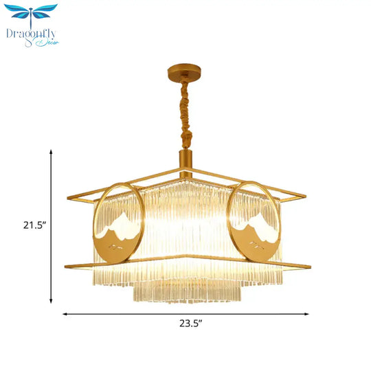 Square/Round Crystal Rods Drop Lamp Traditional 8 Lights Sitting Room Chandelier With Gold Frame