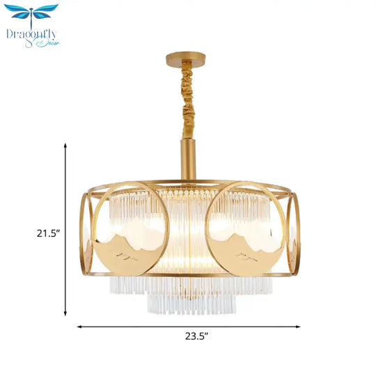 Square/Round Crystal Rods Drop Lamp Traditional 8 Lights Sitting Room Chandelier With Gold Frame