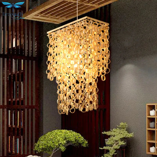 Square/Round Hanging Light With Waterfall Design Asia Bamboo Rattan 2 - Bulb Beige Chandelier