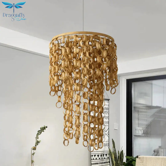 Square/Round Hanging Light With Waterfall Design Asia Bamboo Rattan 2 - Bulb Beige Chandelier