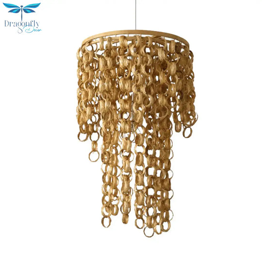 Square/Round Hanging Light With Waterfall Design Asia Bamboo Rattan 2 - Bulb Beige Chandelier