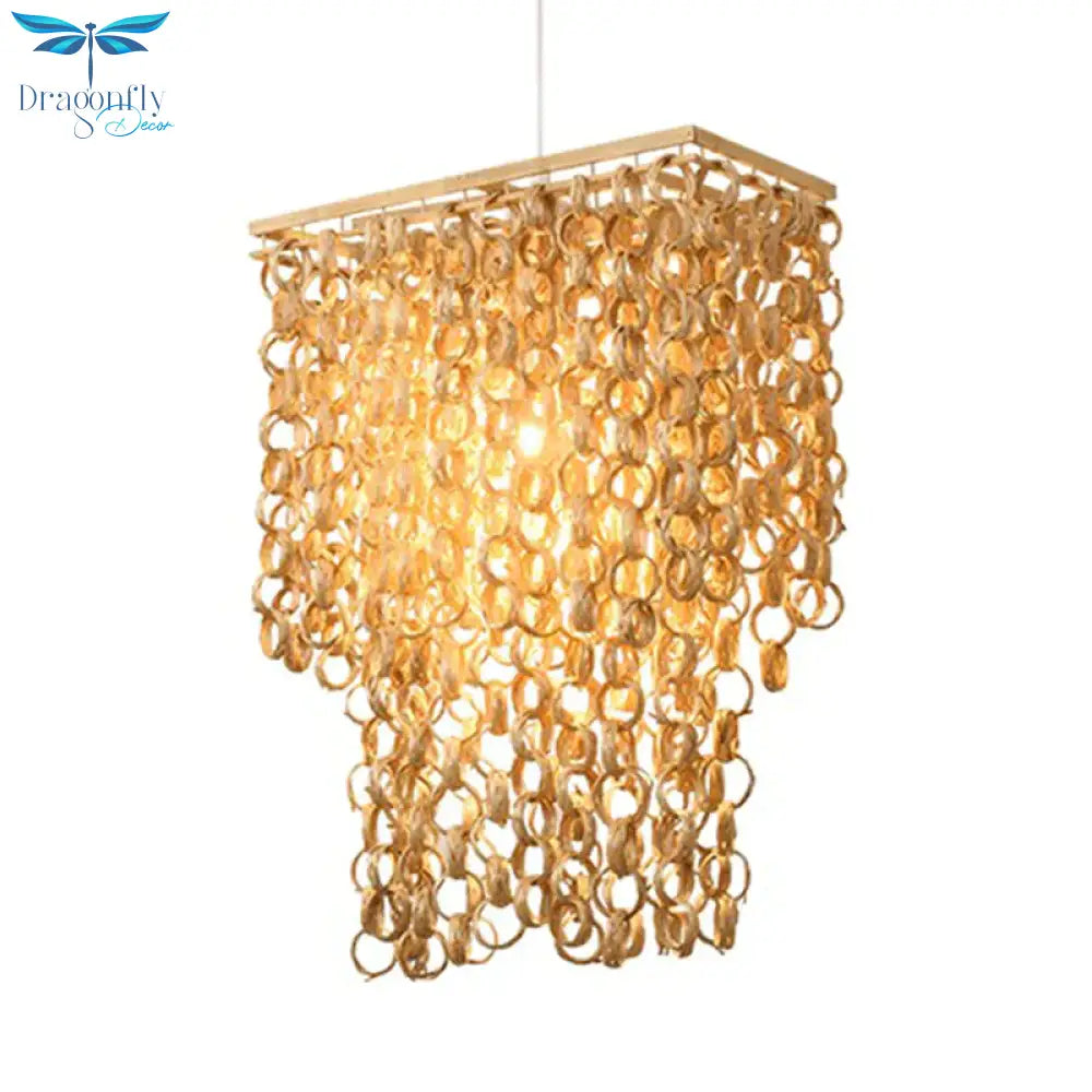 Square/Round Hanging Light With Waterfall Design Asia Bamboo Rattan 2 - Bulb Beige Chandelier
