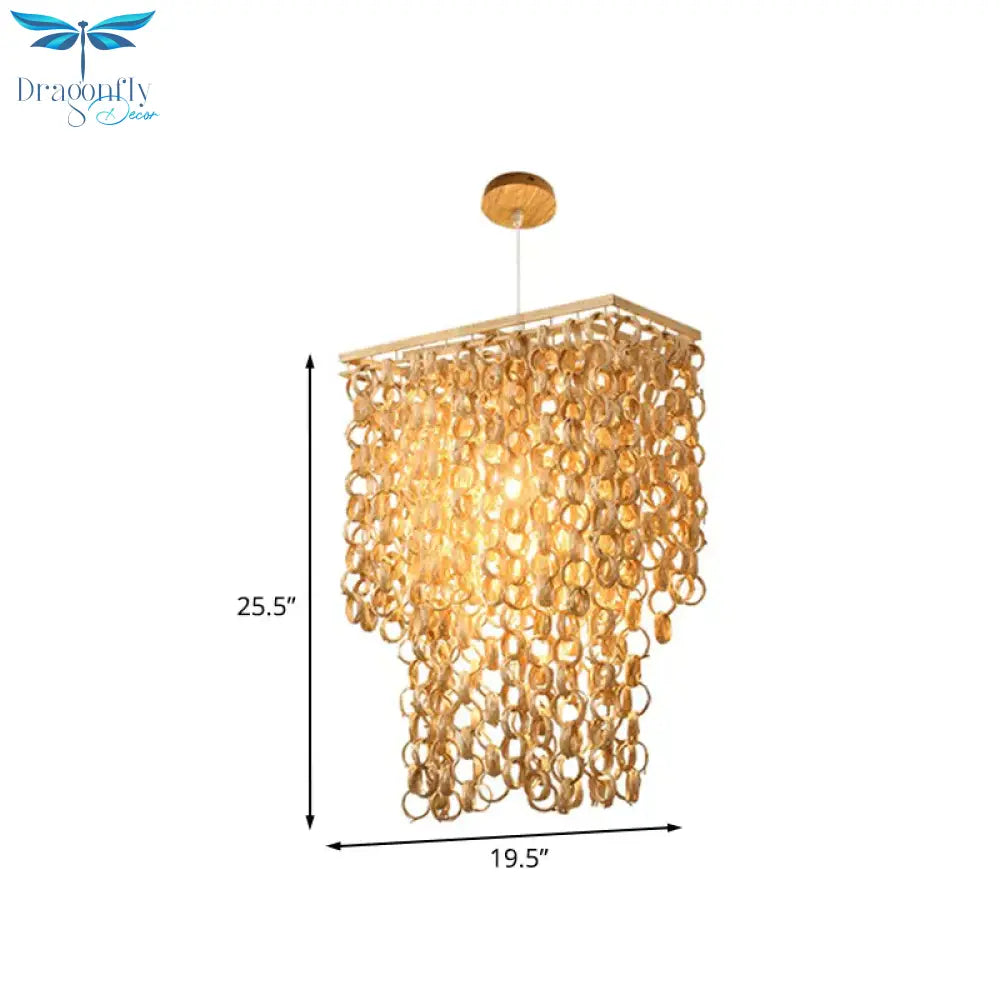 Square/Round Hanging Light With Waterfall Design Asia Bamboo Rattan 2 - Bulb Beige Chandelier
