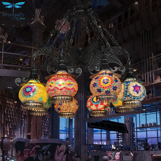 Stained Glass Black Hanging Chandelier Lantern 26’/33.5’ Wide 8 Bulbs Art Deco Down Lighting Pendant