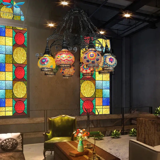 Stained Glass Black Hanging Chandelier Lantern 26’/33.5’ Wide 8 Bulbs Art Deco Down Lighting Pendant