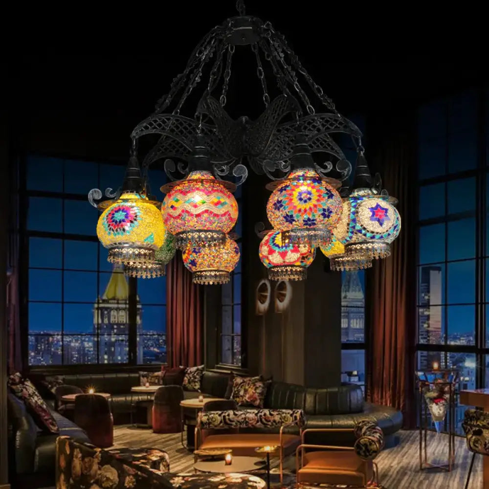 Stained Glass Black Hanging Chandelier Lantern 26’/33.5’ Wide 8 Bulbs Art Deco Down Lighting