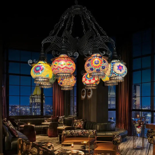 Stained Glass Black Hanging Chandelier Lantern 26’/33.5’ Wide 8 Bulbs Art Deco Down Lighting