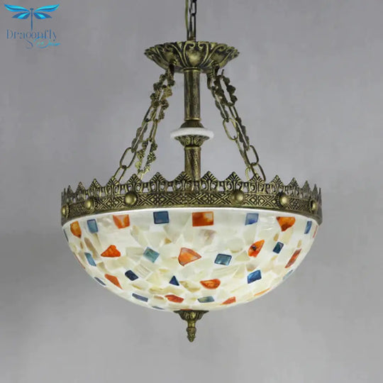 Stained Glass Bowl Pendant Light With Metal Chain Vintage Hanging Ceiling In White/Beige/Orange -