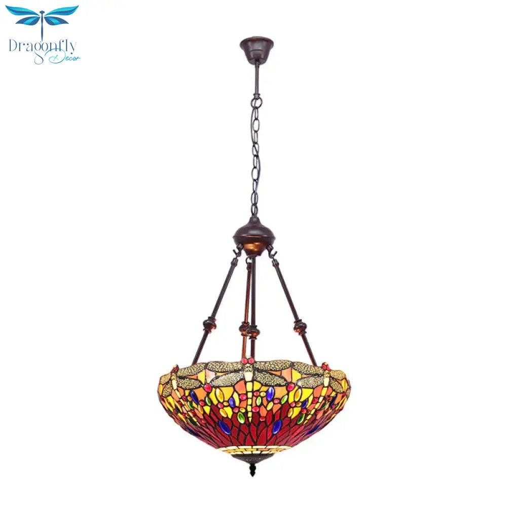 Stained Glass Red/Green/Purple Pendant Chandelier Dragonfly 2 Lights Mediterranean Suspension Lamp