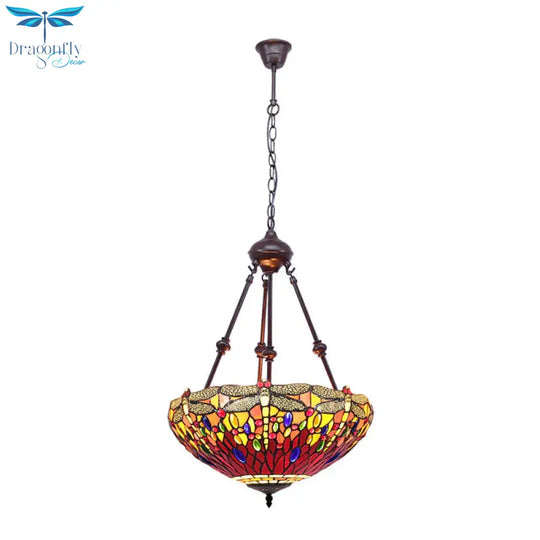 Stained Glass Red/Green/Purple Pendant Chandelier Dragonfly 2 Lights Mediterranean Suspension Lamp
