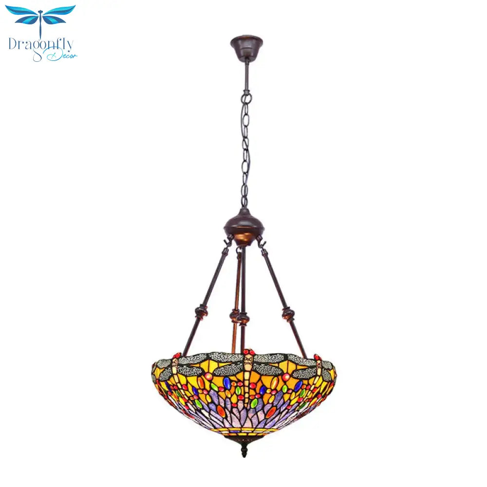 Stained Glass Red/Green/Purple Pendant Chandelier Dragonfly 2 Lights Mediterranean Suspension Lamp