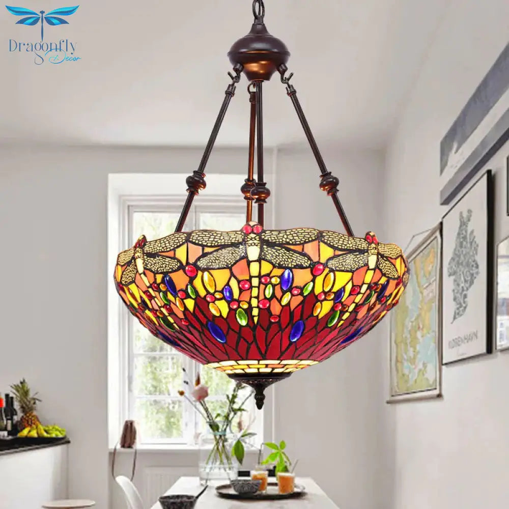 Stained Glass Red/Green/Purple Pendant Chandelier Dragonfly 2 Lights Mediterranean Suspension Lamp