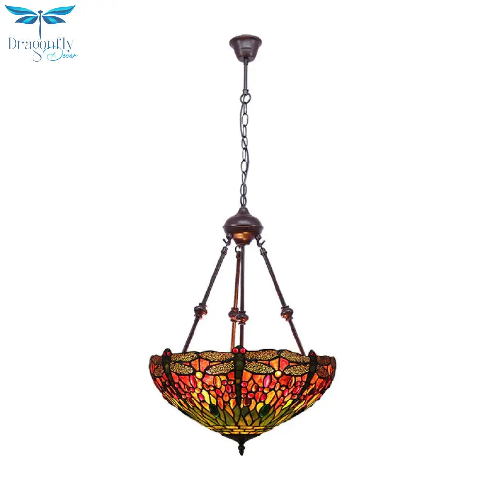 Stained Glass Red/Green/Purple Pendant Chandelier Dragonfly 2 Lights Mediterranean Suspension Lamp