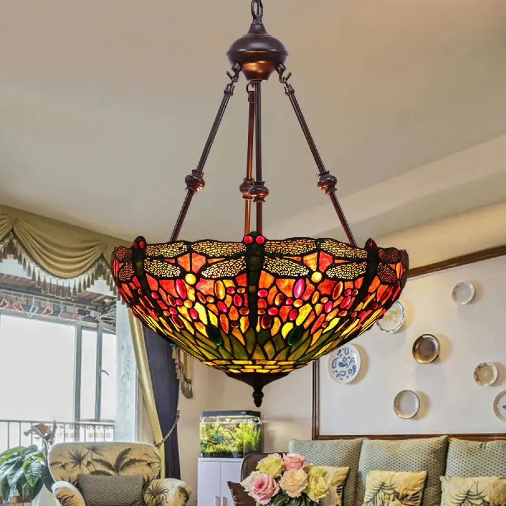 Stained Glass Red/Green/Purple Pendant Chandelier Dragonfly 2 Lights Mediterranean Suspension Lamp