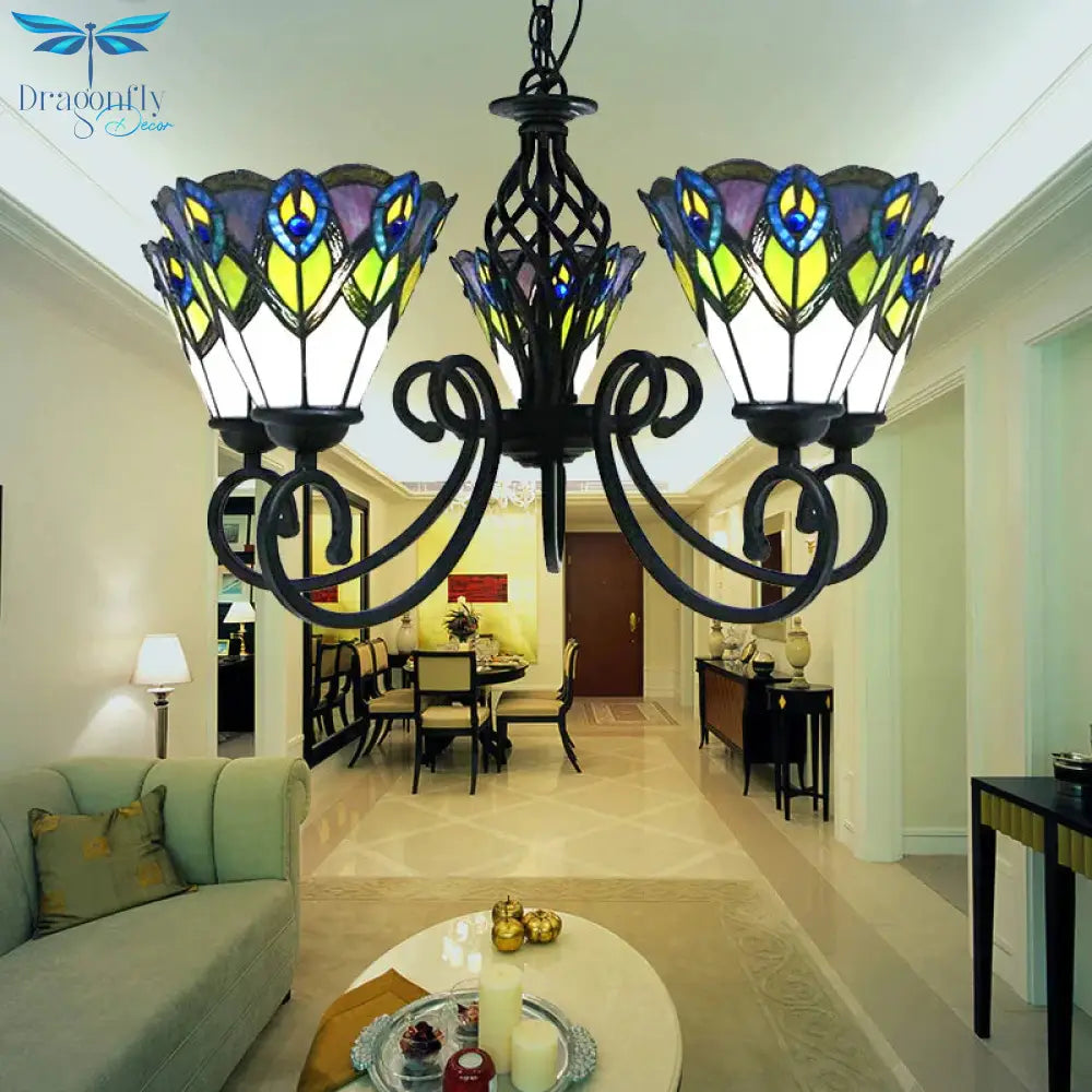 Stained Glass Tiffany Chandelier 5 Lights Peacock Pendant Light Fixture For Dining Table With