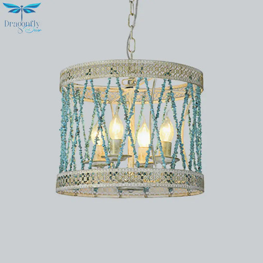 Stone Cylinder Chandelier Lamp Retro 4/6 Bulbs Blue Pendant Lighting Fixture With Adjustable Chain