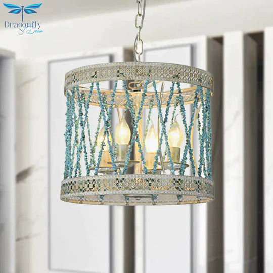 Stone Cylinder Chandelier Lamp Retro 4/6 Bulbs Blue Pendant Lighting Fixture With Adjustable Chain