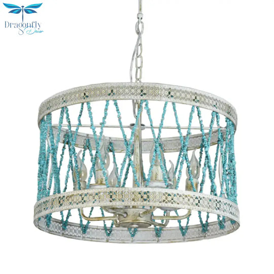 Stone Cylinder Chandelier Lamp Retro 4/6 Bulbs Blue Pendant Lighting Fixture With Adjustable Chain