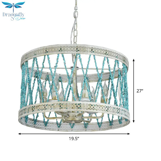 Stone Cylinder Chandelier Lamp Retro 4/6 Bulbs Blue Pendant Lighting Fixture With Adjustable Chain