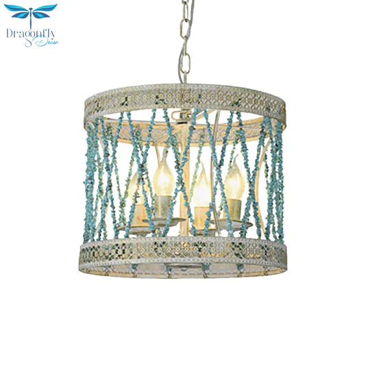 Stone Cylinder Chandelier Lamp Retro 4/6 Bulbs Blue Pendant Lighting Fixture With Adjustable Chain