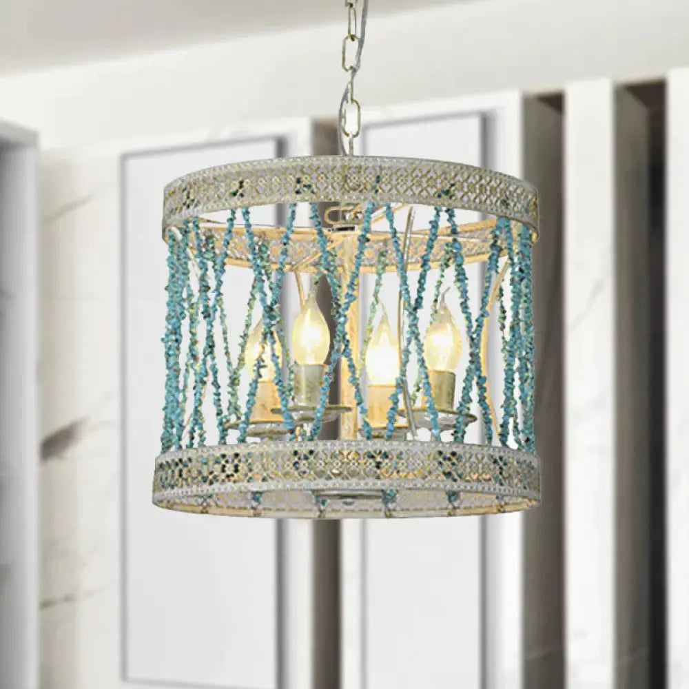 Stone Cylinder Chandelier Lamp Retro 4/6 Bulbs Blue Pendant Lighting Fixture With Adjustable Chain