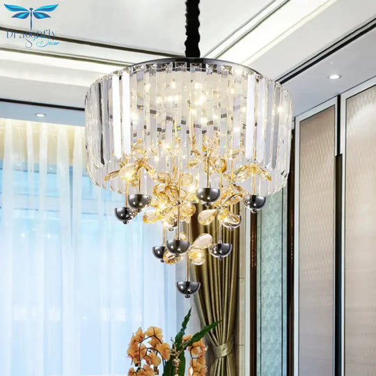 Strip Crystal Led Hanging Chandelier Contemporary Clear Drum Living Room Drop Lamp With Inner