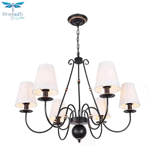 Swirled Arm Living Room Ceiling Chandelier Classic Fabric 3/4/6 Lights Black Hanging Fixture With