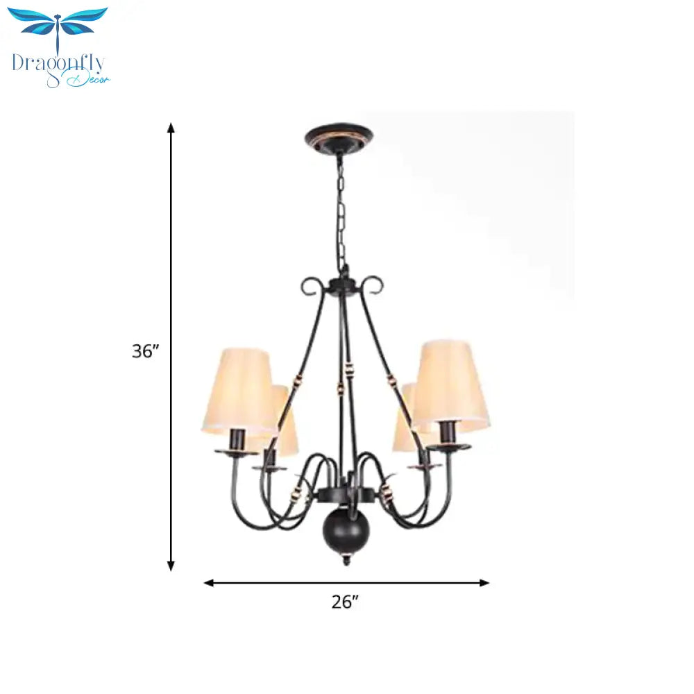 Swirled Arm Living Room Ceiling Chandelier Classic Fabric 3/4/6 Lights Black Hanging Fixture With