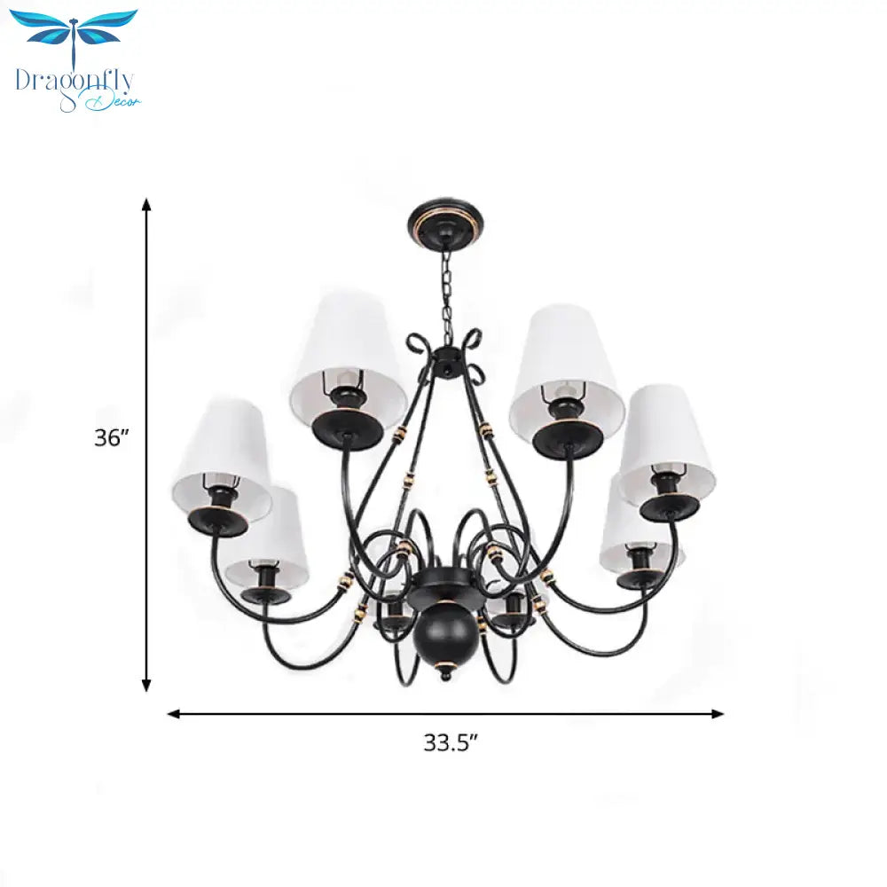Swirled Arm Living Room Ceiling Chandelier Classic Fabric 3/4/6 Lights Black Hanging Fixture With