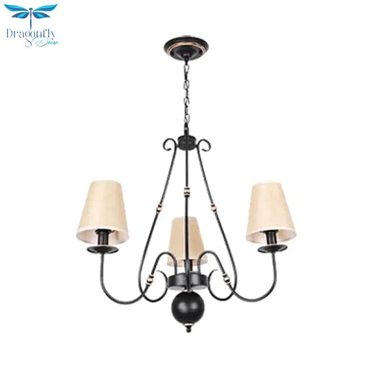 Swirled Arm Living Room Ceiling Chandelier Classic Fabric 3/4/6 Lights Black Hanging Fixture With