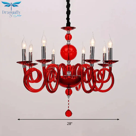 Swirling Arm White/Red/Blue Glass Ceiling Hanging Light In Chrome With Crystal Ball 12 Heads