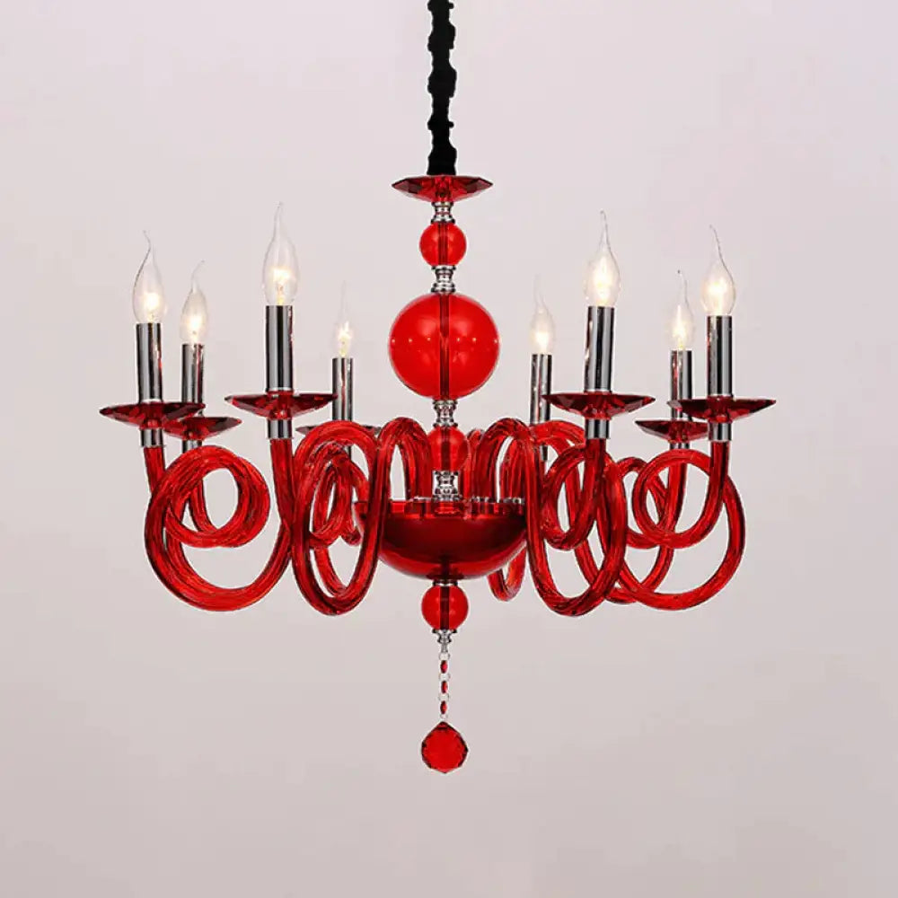 Swirling Arm White/Red/Blue Glass Ceiling Hanging Light In Chrome With Crystal Ball 12 Heads