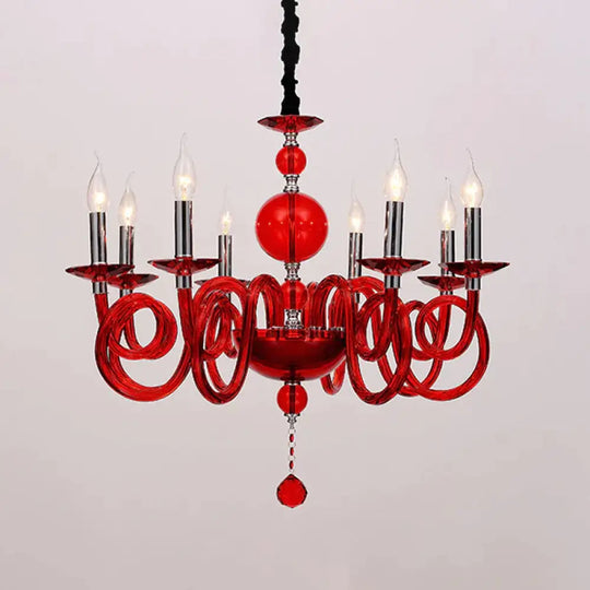 Swirling Arm White/Red/Blue Glass Ceiling Hanging Light In Chrome With Crystal Ball 12 Heads
