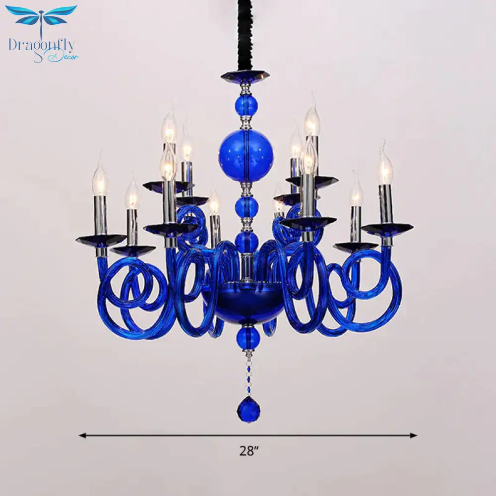 Swirling Arm White/Red/Blue Glass Ceiling Hanging Light In Chrome With Crystal Ball 12 Heads