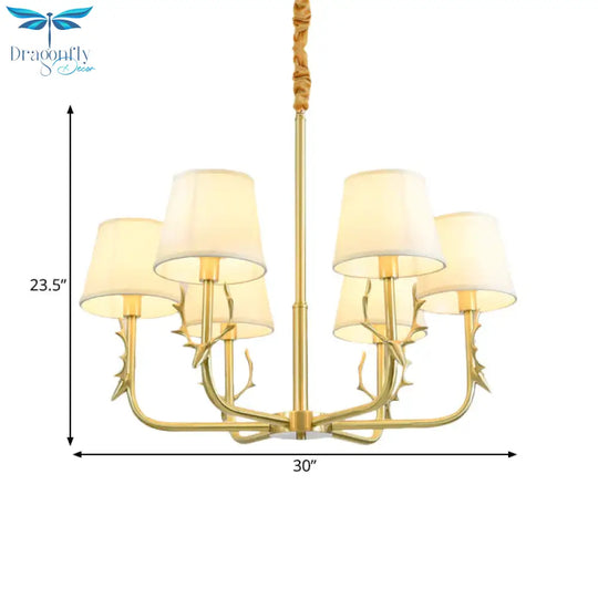 Tapered Fabric Chandelier Colonialism 3/6/8 Lights Living Room Pendant In Gold With Copper Deer Head