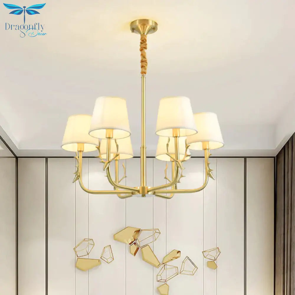 Tapered Fabric Chandelier Colonialism 3/6/8 Lights Living Room Pendant In Gold With Copper Deer Head