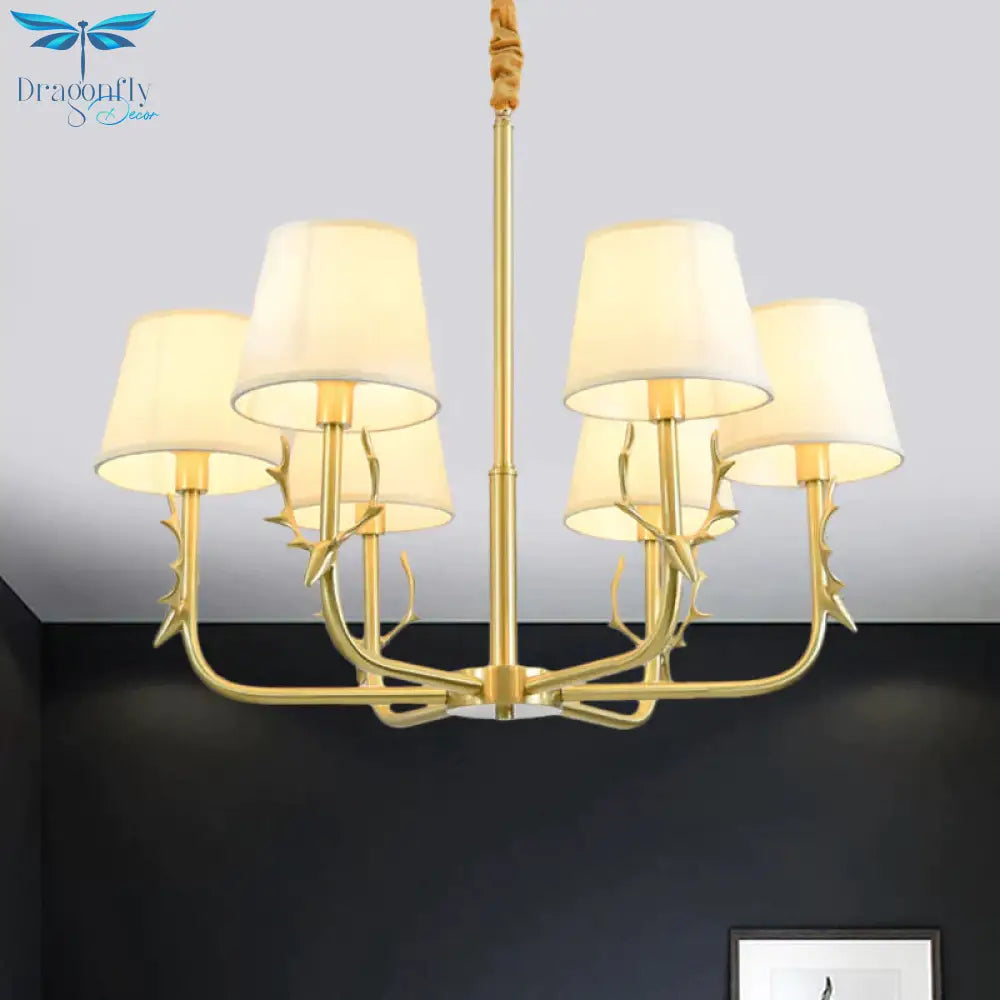 Tapered Fabric Chandelier Colonialism 3/6/8 Lights Living Room Pendant In Gold With Copper Deer Head