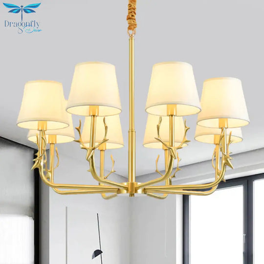 Tapered Fabric Chandelier Colonialism 3/6/8 Lights Living Room Pendant In Gold With Copper Deer Head