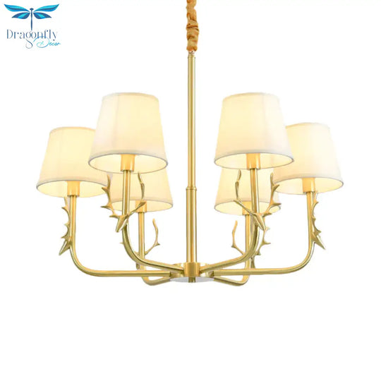 Tapered Fabric Chandelier Colonialism 3/6/8 Lights Living Room Pendant In Gold With Copper Deer Head
