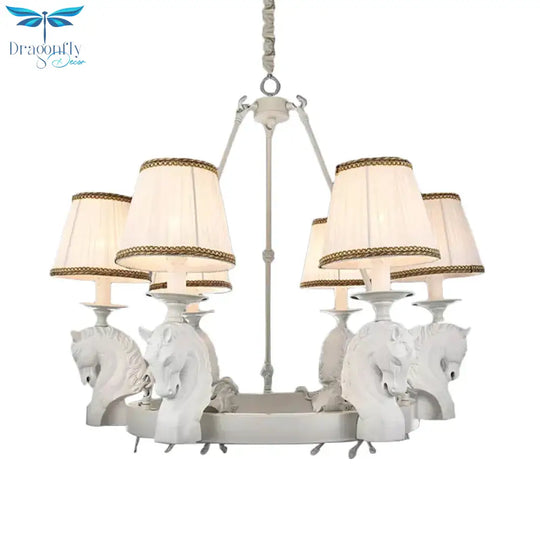 Tapered Fabric Chandelier Light Fixture Country 6 Heads Living Room Pendant Lamp In White/Bronze
