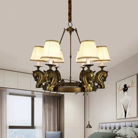 Tapered Fabric Chandelier Light Fixture Country 6 Heads Living Room Pendant Lamp In White/Bronze