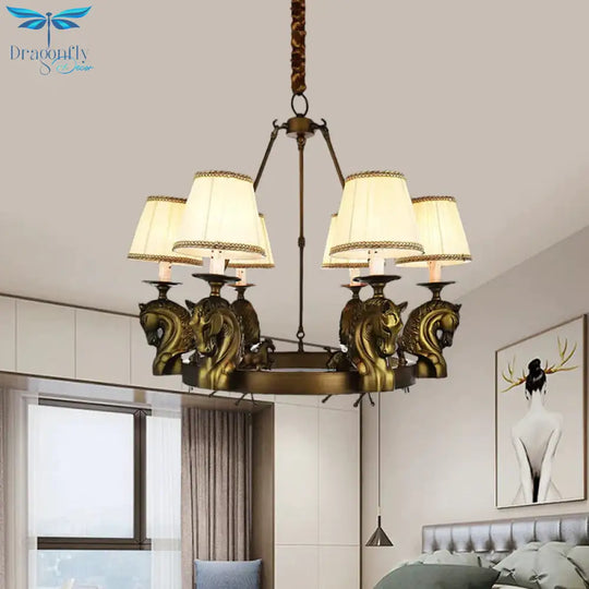 Tapered Fabric Chandelier Light Fixture Country 6 Heads Living Room Pendant Lamp In White/Bronze