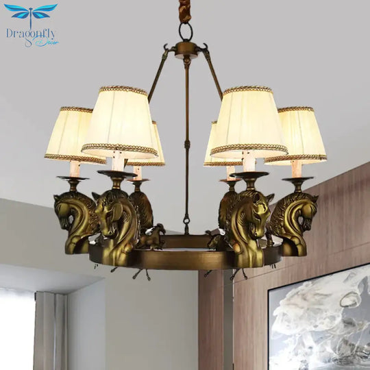 Tapered Fabric Chandelier Light Fixture Country 6 Heads Living Room Pendant Lamp In White/Bronze